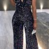 Jumpsuits & Rompers female | Fashionable Sexy Sleeveless Wrap Chest Wide Leg Sequin Jumpsuit Black