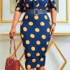 Dresses female | Plus Size Polk Dot Bow Tie Puff Sleeve Midi Dress