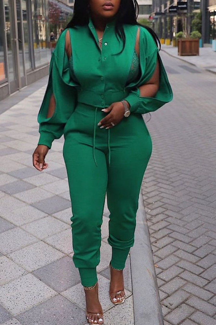 2-Pieces female | Fashion Street Shooting Solid Color Jacket Hollow Out Set Green