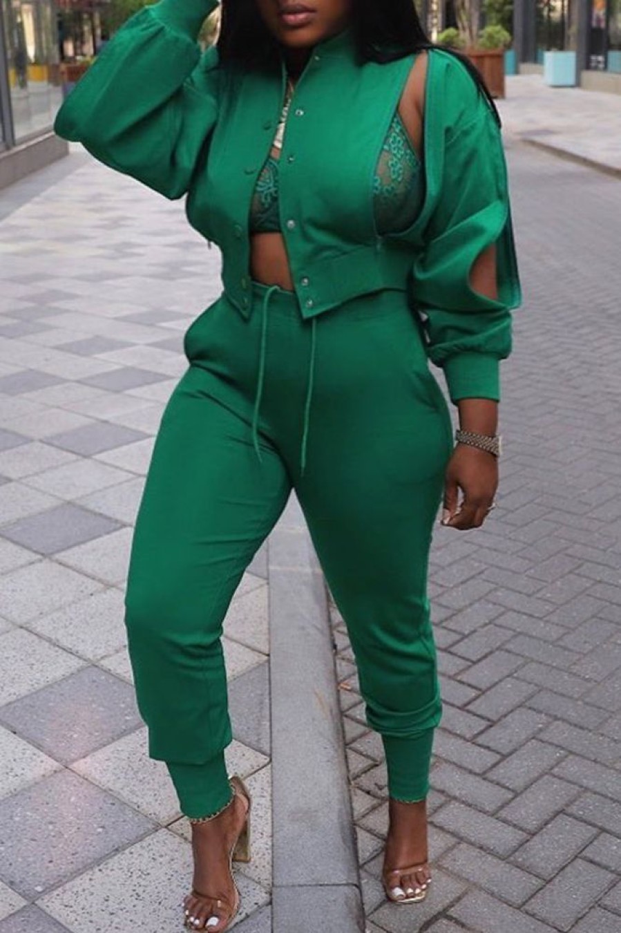 2-Pieces female | Fashion Street Shooting Solid Color Jacket Hollow Out Set Green