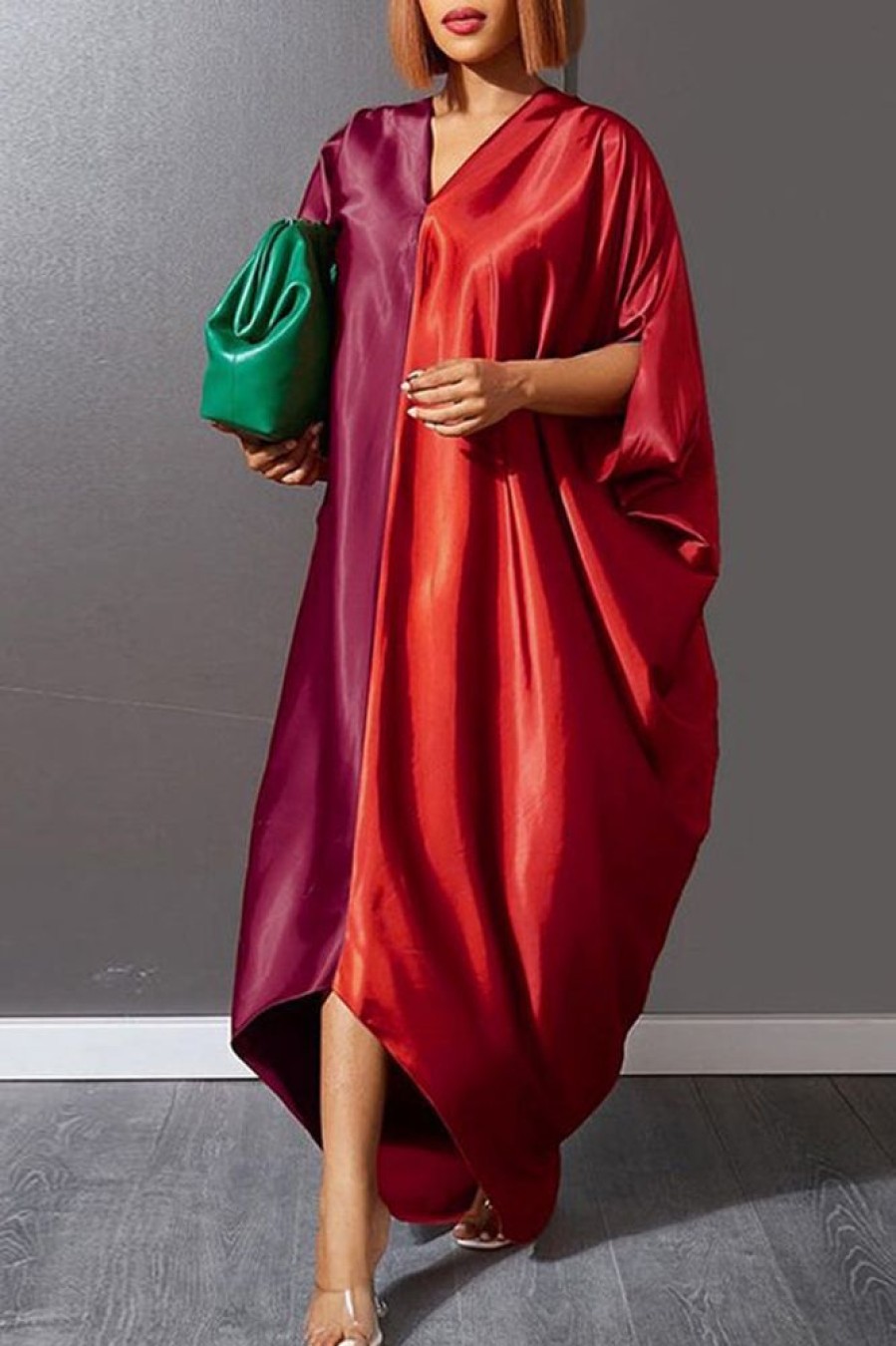 Dresses female | Chic Viscose V Neck Batwing Sleeve Irregular Plus Size Maxi Dress Red