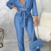 Jumpsuits & Rompers female | Temperament Cross Neck Belt Denim Jumpsuit Blue