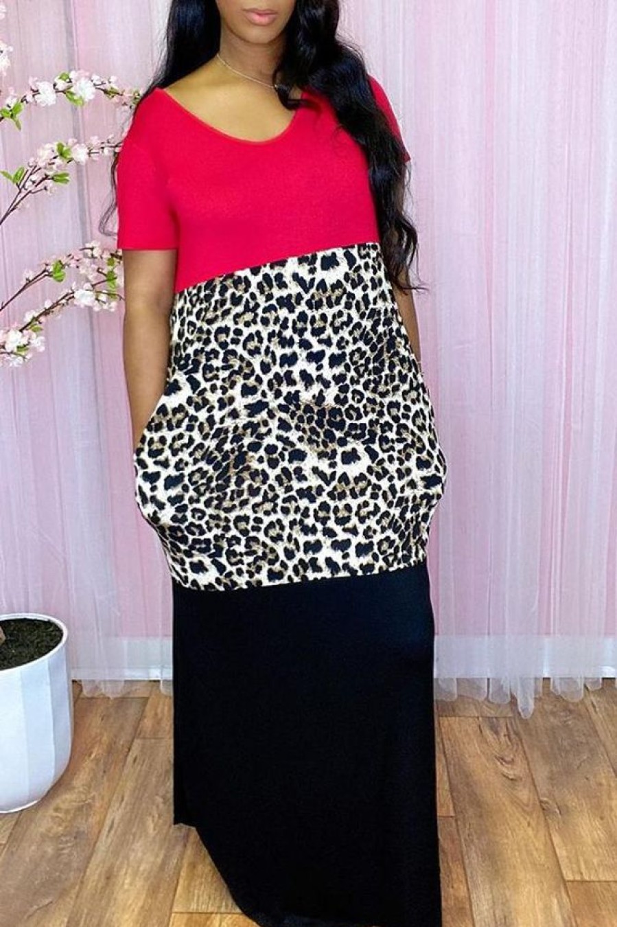 Dresses female | Leopard Print Colorblock Patchwork Maxi Dress Red