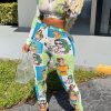 2-Pieces female | Fashion Manga Print Stand Collar Elastic Slim-Fit Top Leggings Set Light Green