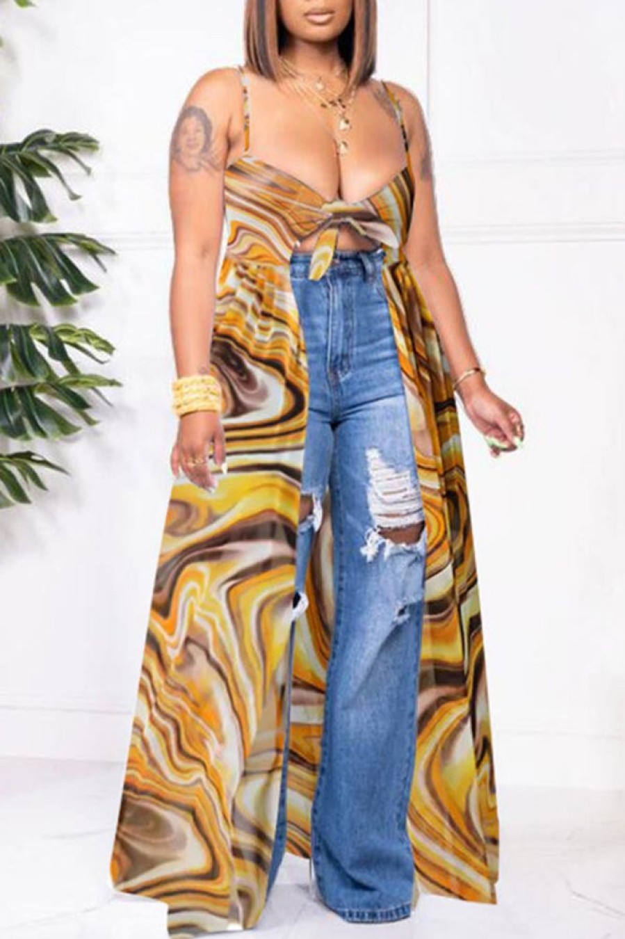 Tops & Outerwear female | Plus Size Irregular Slit Swing Knotted V-Neck Multicolor Print Camisole