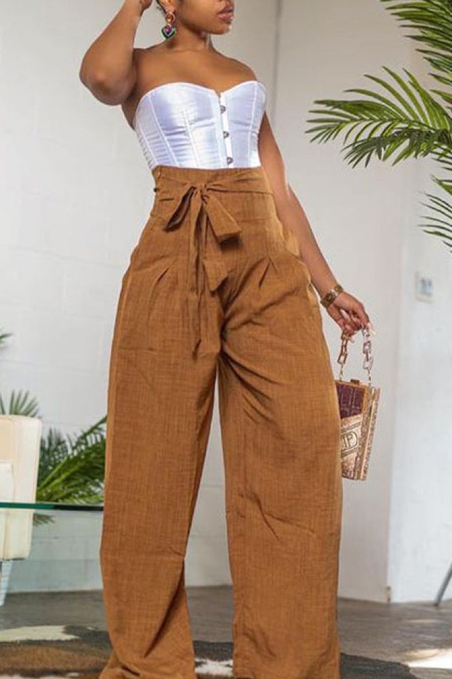 Bottoms female | Commuter High Waist Belt Colorful Wide Leg Pants Brown