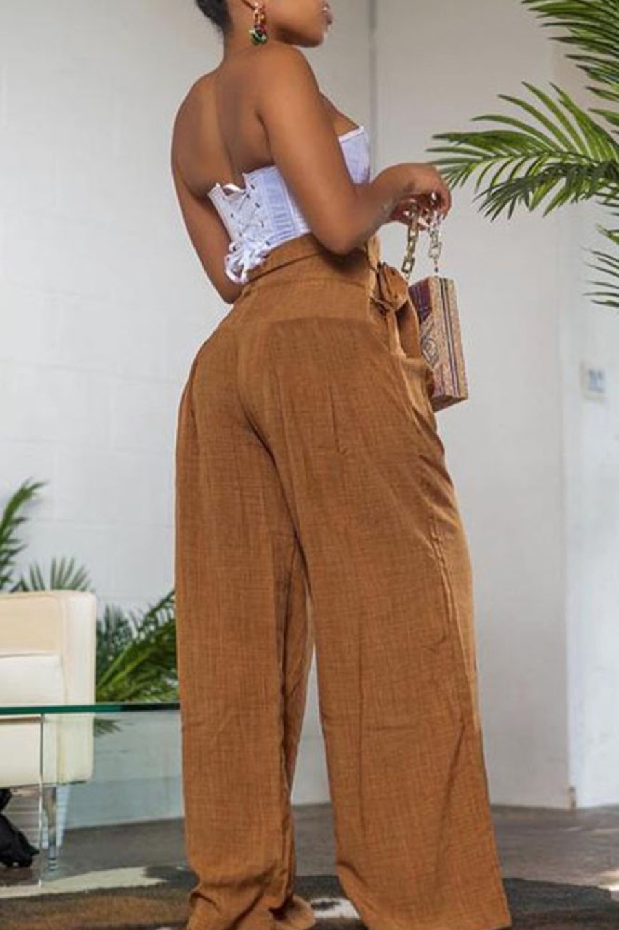 Bottoms female | Commuter High Waist Belt Colorful Wide Leg Pants Brown