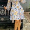 Dresses female | Pretty Flower Print Long Sleeve V-Neck A-Line Midi Dress Wathet Blue