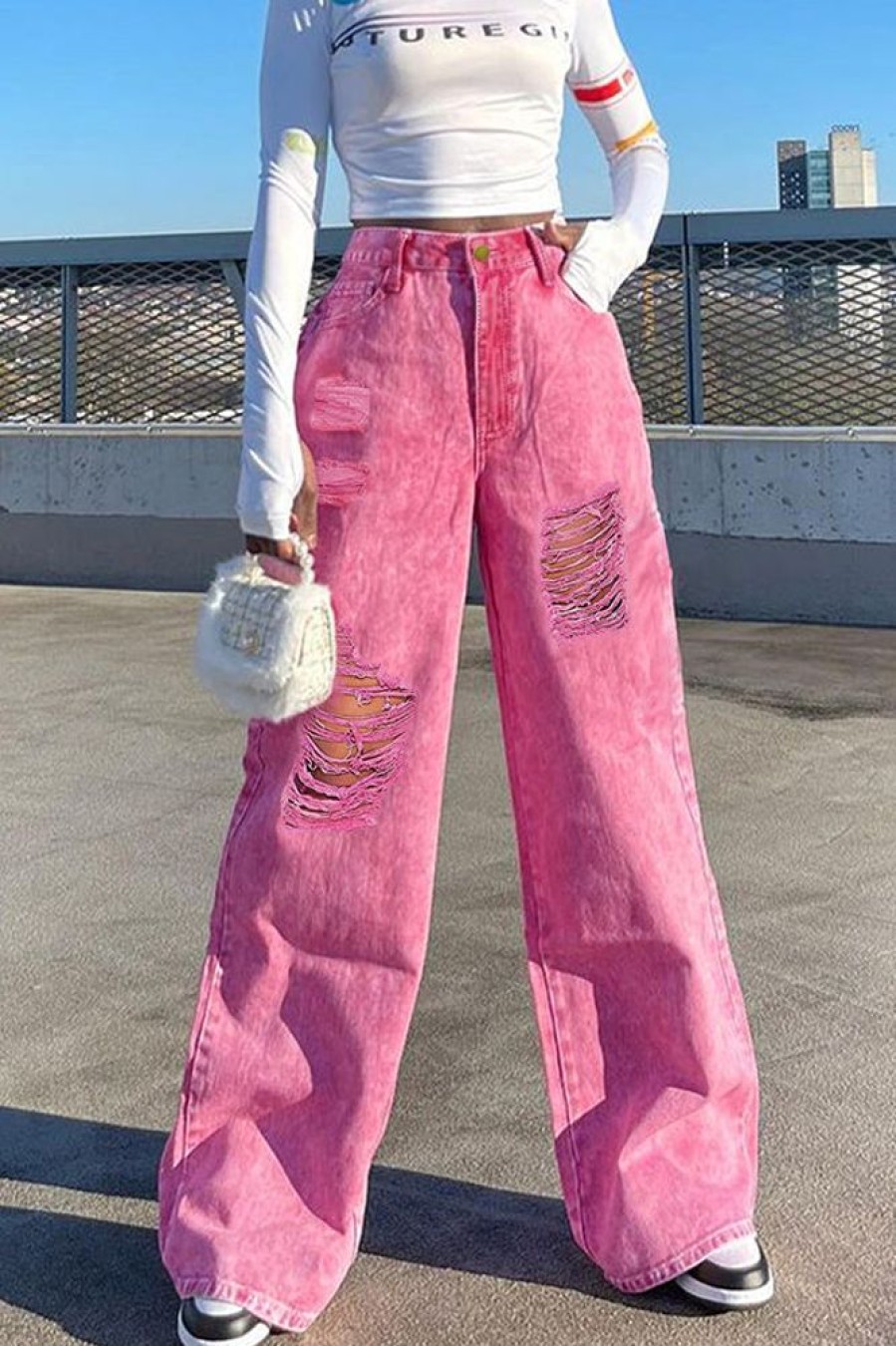 Bottoms female | Trendy Street Ripped Straight-Leg Jeans Pink