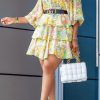 Dresses female | Plus Size Pretty Printed Half Sleeve Tiered Mini Dress Yellow