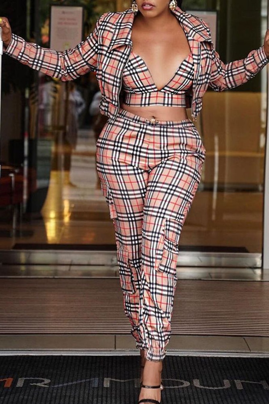 2-Pieces female | Classic Plaid Lapel Jacket & Pocket Pants Plus Size Three Piece Set Red