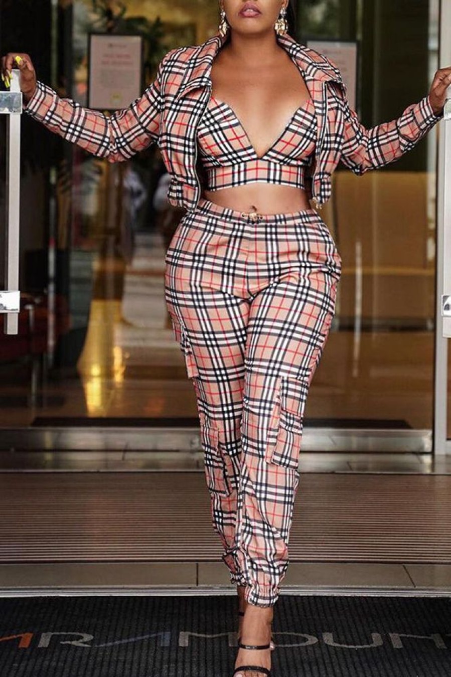 2-Pieces female | Classic Plaid Lapel Jacket & Pocket Pants Plus Size Three Piece Set Red