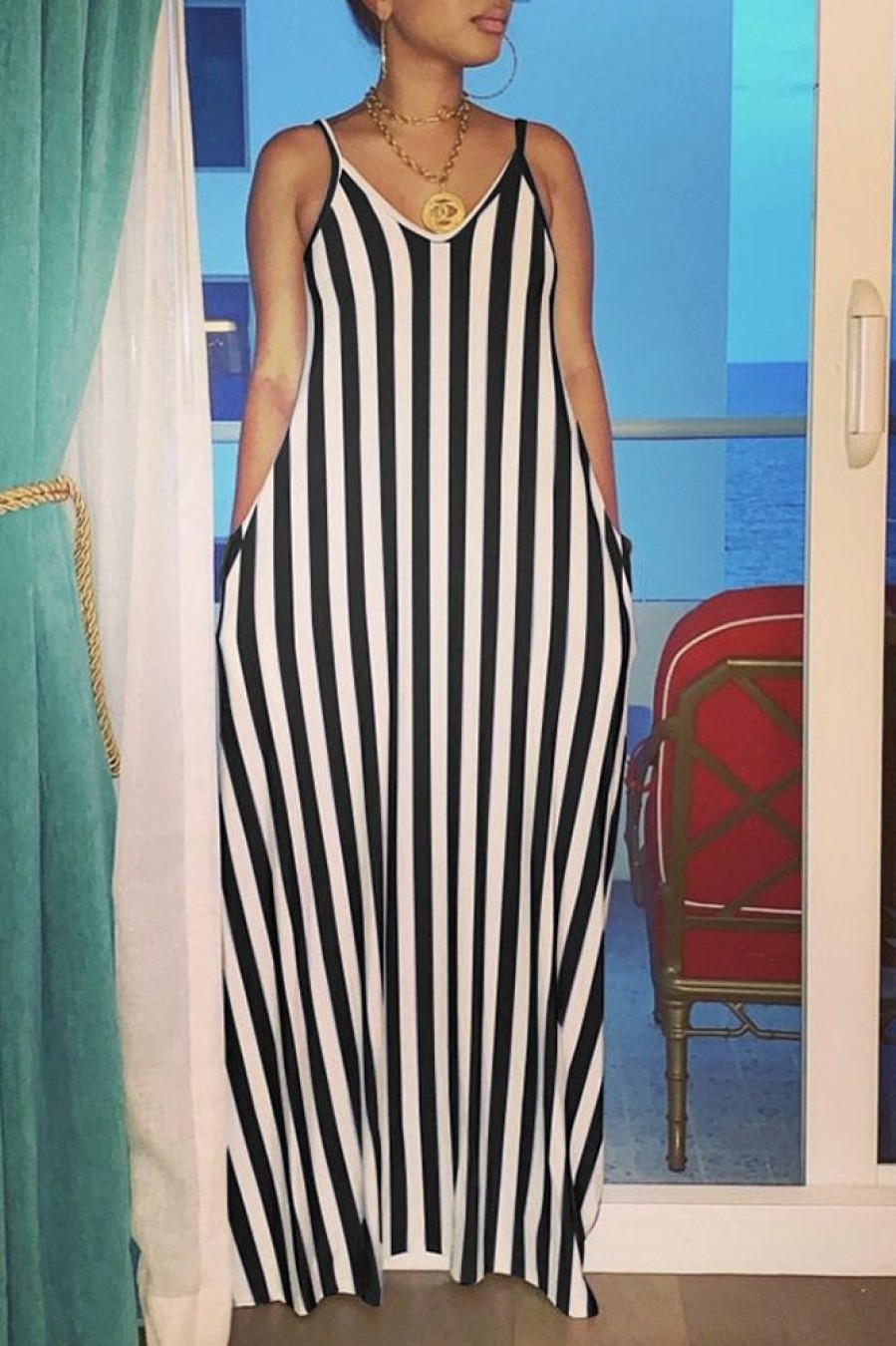 Dresses female | F Ion V-Neck Sleeveless Casual Loose Striped Long Dress