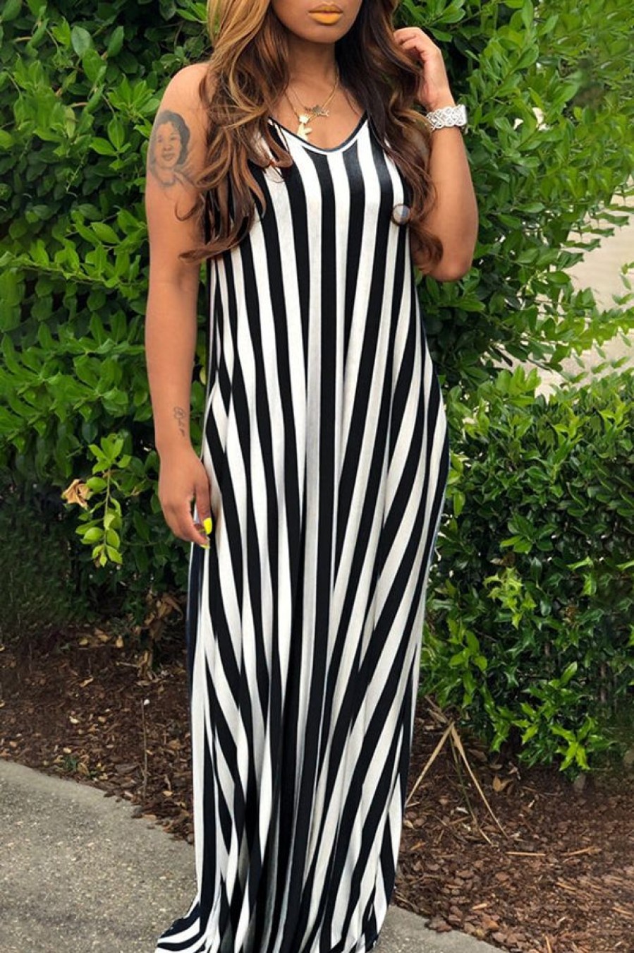 Dresses female | F Ion V-Neck Sleeveless Casual Loose Striped Long Dress