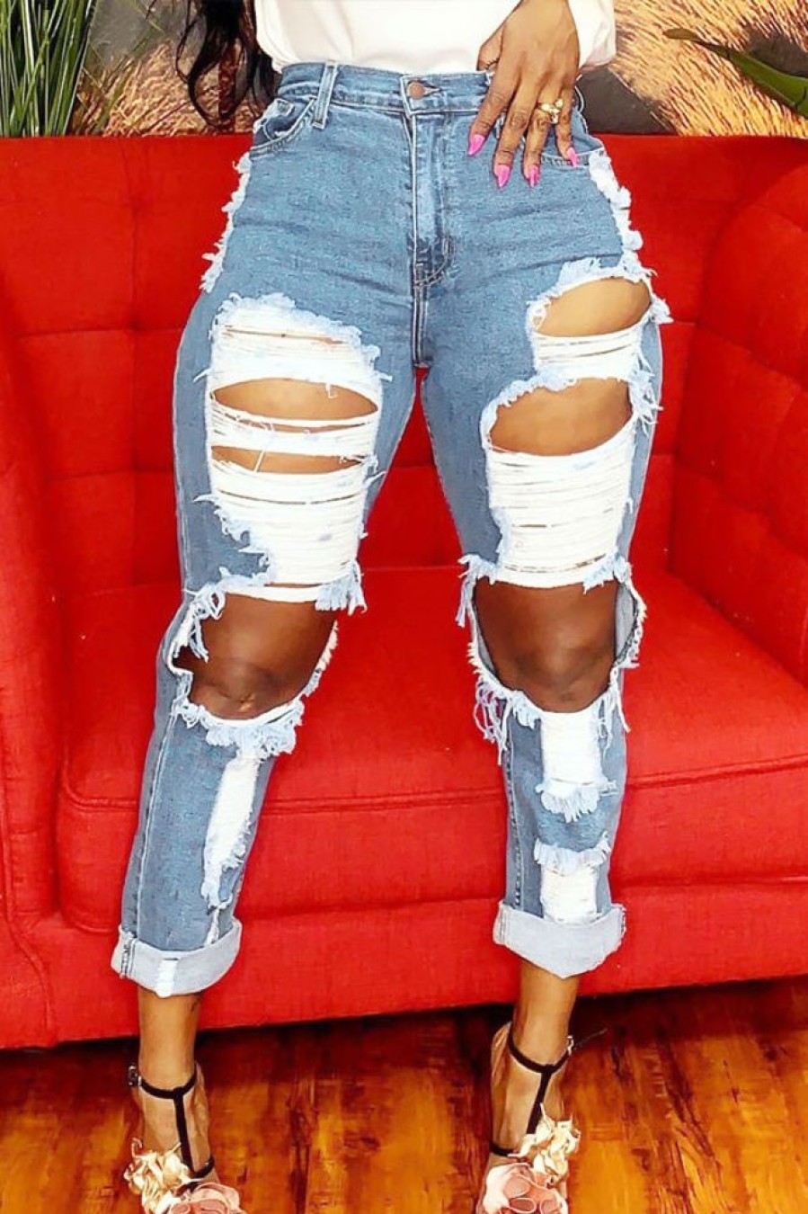 Bottoms female | Fashion Ripped Straight Leg Jeans Blue