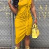 Dresses female | Fashion Solid Color Ripped Pleated Midi Dress