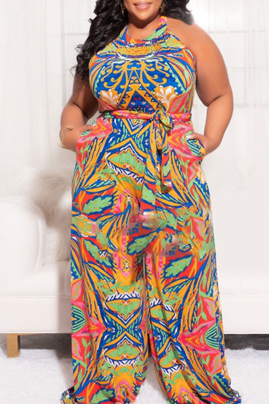 Jumpsuits & Rompers female | Plus Size Multi-Color Print Halter Jumpsuit