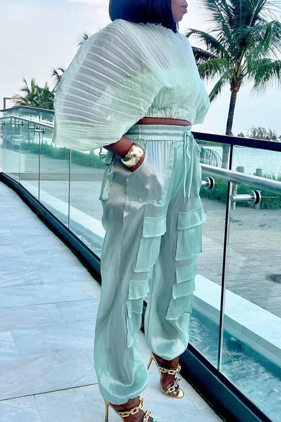 2-Pieces female | Casual Pleated Sheer Tops Straight Pants Two-Piece Set Green