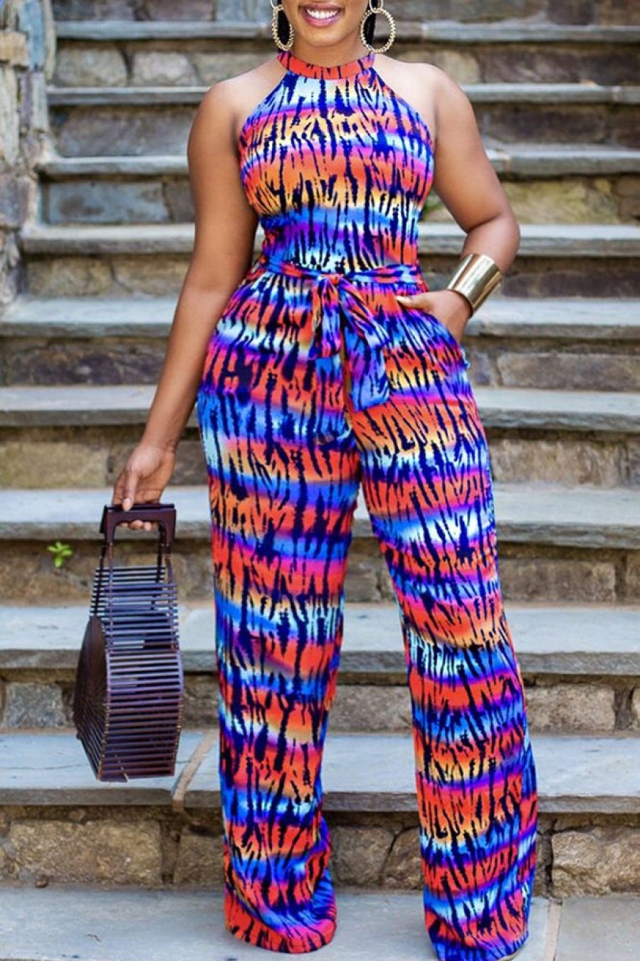 Jumpsuits & Rompers female | Classic Tie-Dye Halter Tie Waist Pocket Jumpsuit