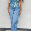 Bottoms female | Casual Three-Dimensional Multi-Pocket Solid Color Straight Jeans Wathet Blue