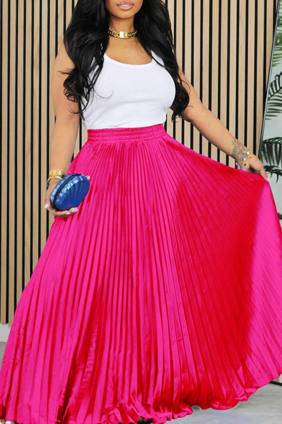 Bottoms female | Elegant Solid Color Elastic Waist Pleated Satin Long Skirt