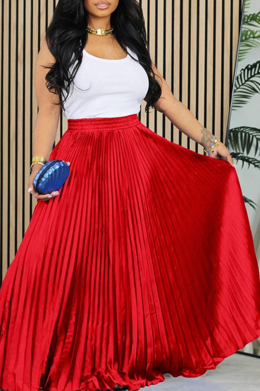 Bottoms female | Elegant Solid Color Elastic Waist Pleated Satin Long Skirt