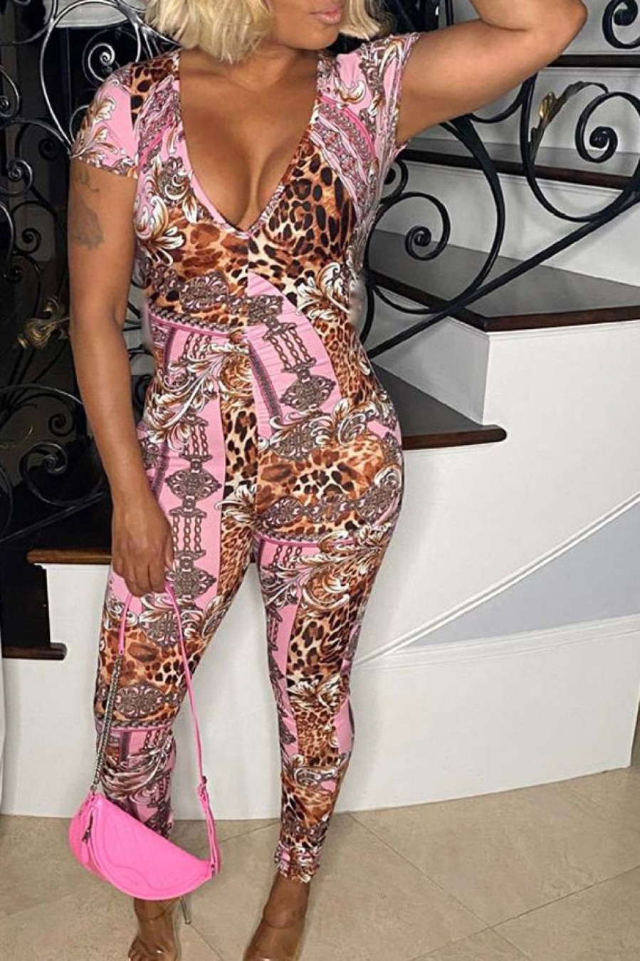 Jumpsuits & Rompers female | Chains Leopard Print Short Sleeve Jumpsuit