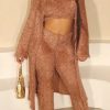 2-Pieces female | Furry Solid Color Short Vest Straight-Let Pants Maxi Cardigan Three-Piece Suits Brown