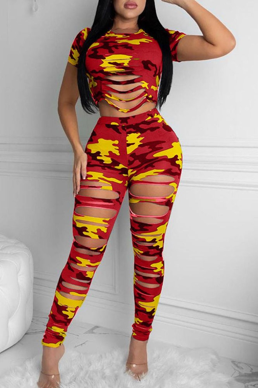 2-Pieces female | Camouflage Casual Sports Ripped Two-Piece Suit