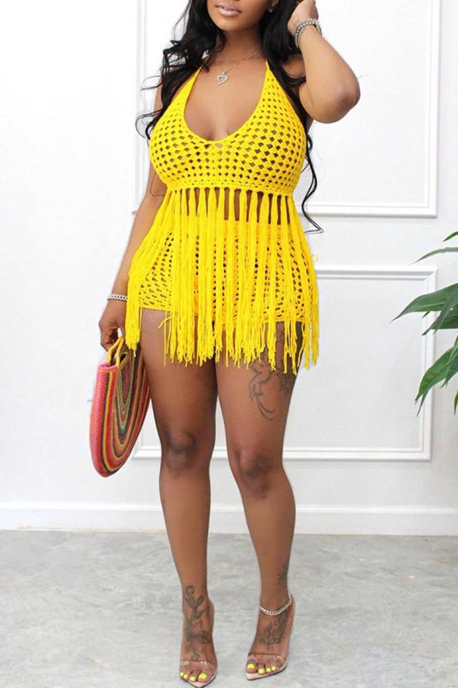 2-Pieces female | U Collar Fringe Crochet Beachwear 2 Piece Set