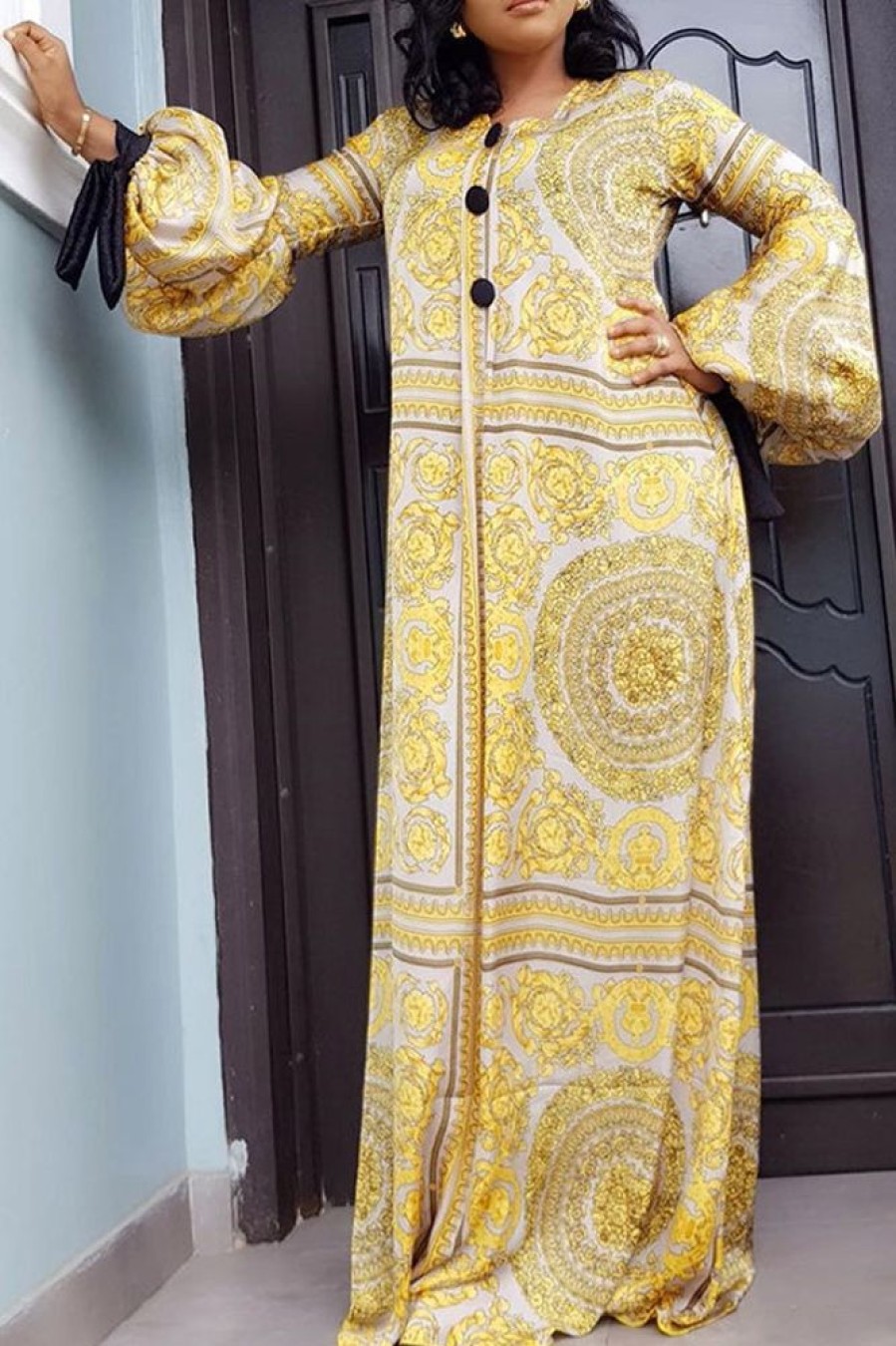 Dresses female | Luxe Button Front Lantern Sleeve Satin Plus Size Maxi Dress Yellow