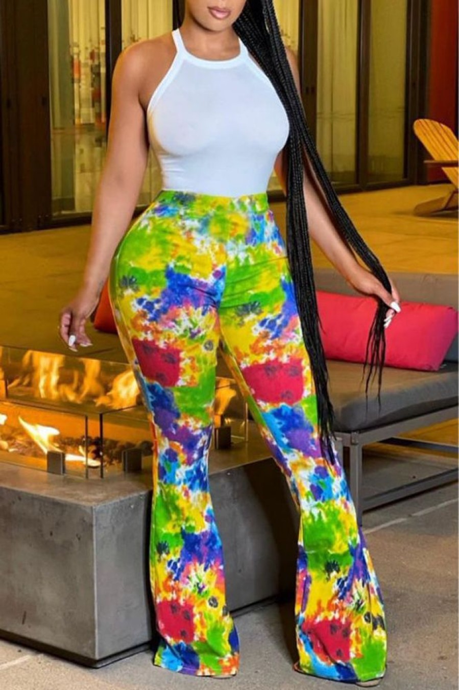 Bottoms female | Fashion Colorful Tie Dye High Waist Flared Pants Green