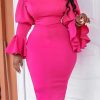 Dresses female | Sweet Flare Sleeve Off Shoulder Plus Size Midi Dress