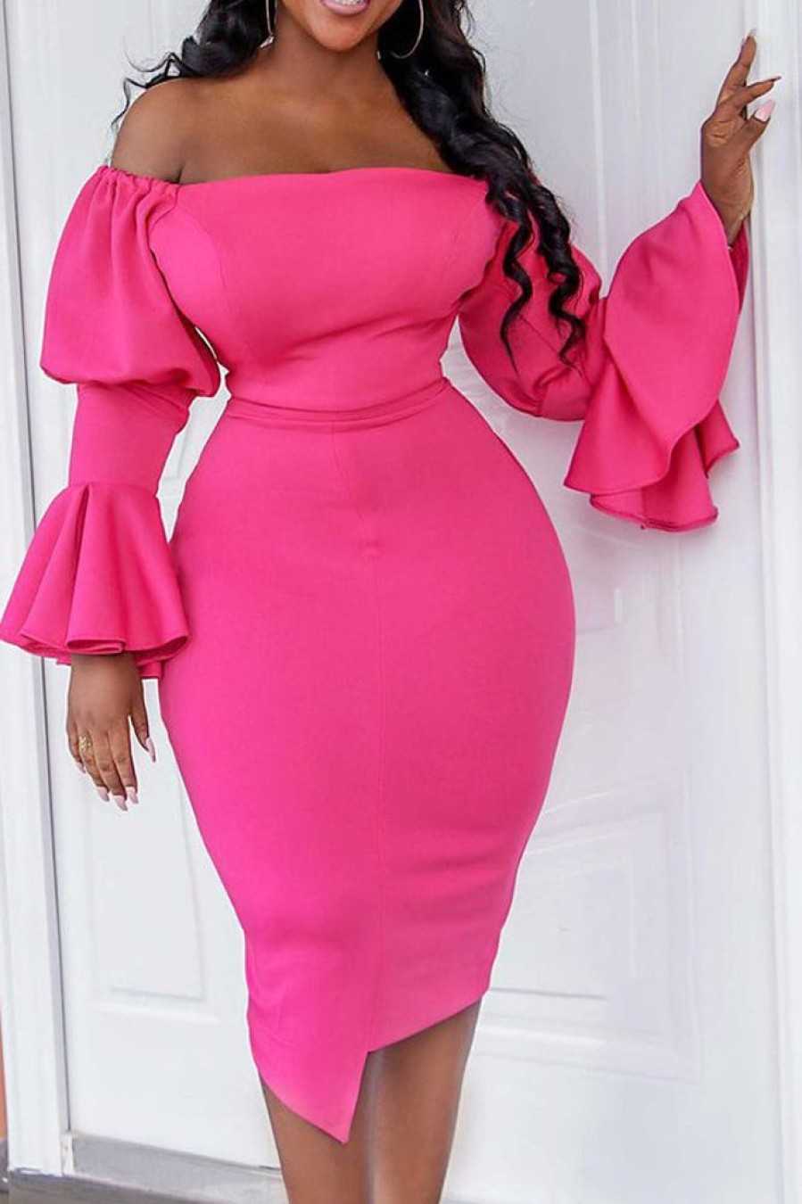 Dresses female | Sweet Flare Sleeve Off Shoulder Plus Size Midi Dress