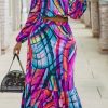 2-Pieces female | Off-The-Shoulder Abstract Contrast Print Skirt Suit Purple