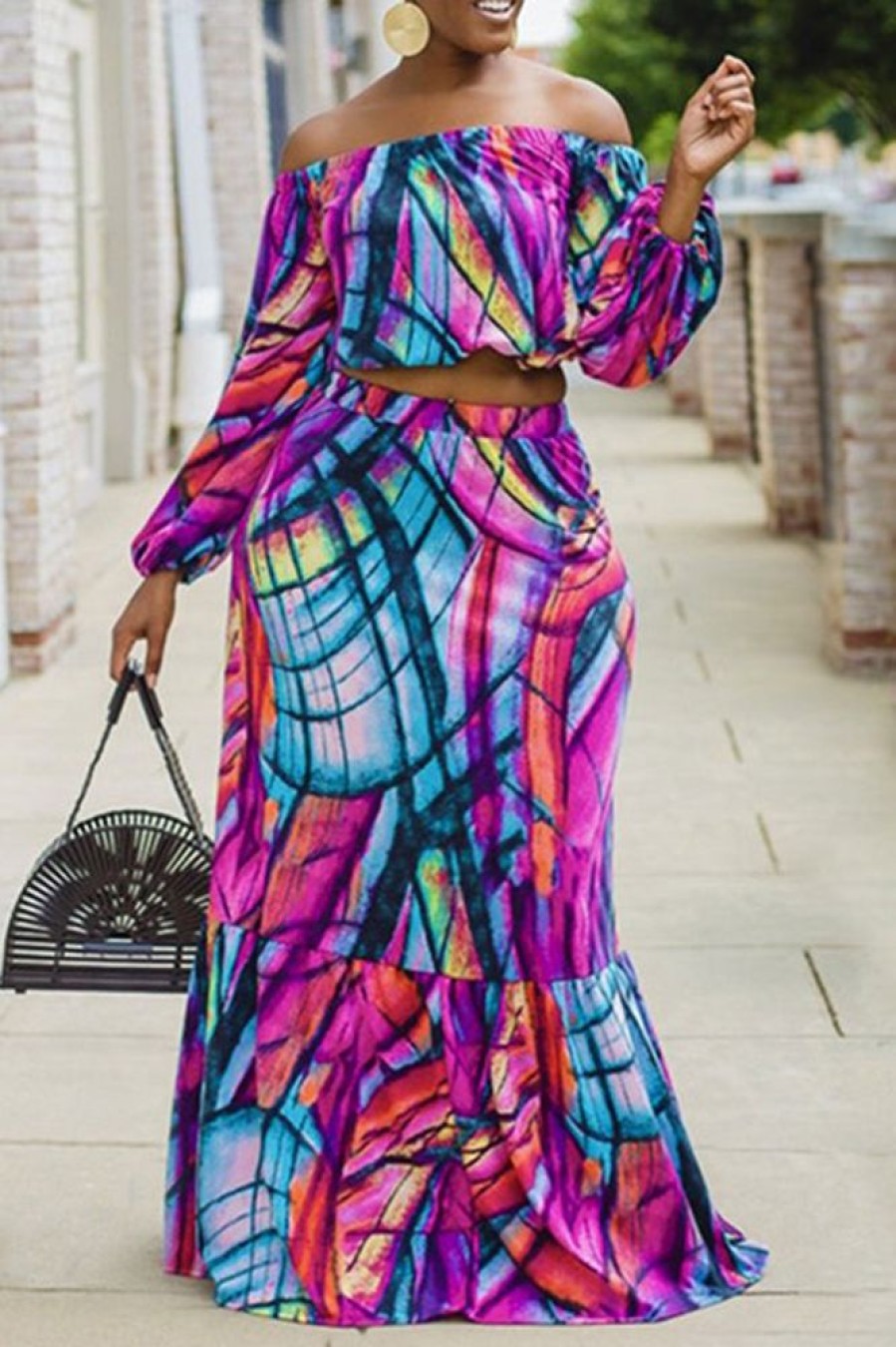 2-Pieces female | Off-The-Shoulder Abstract Contrast Print Skirt Suit Purple