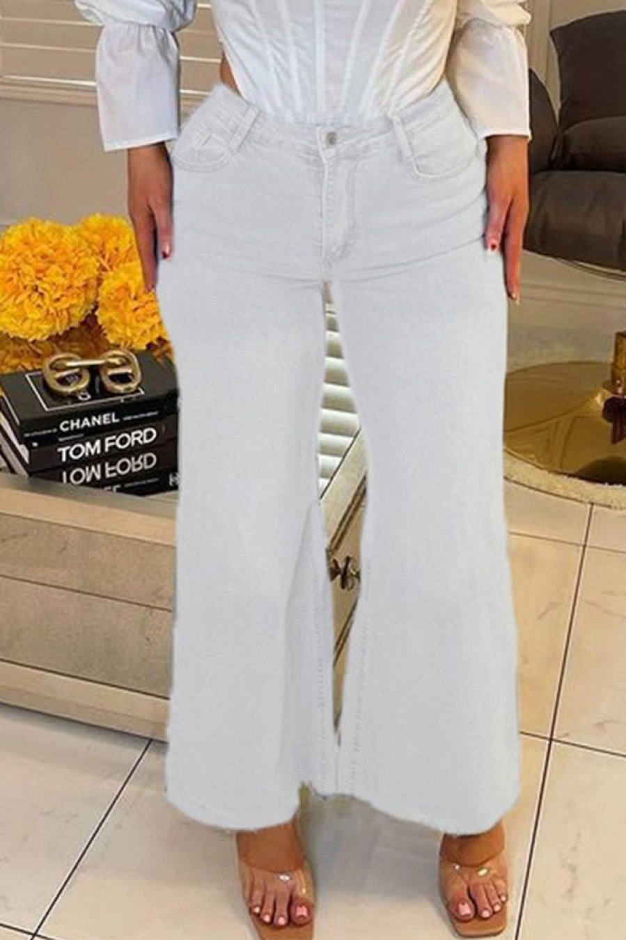 Bottoms female | Fashion High Waist Solid Color Wide Leg Jeans