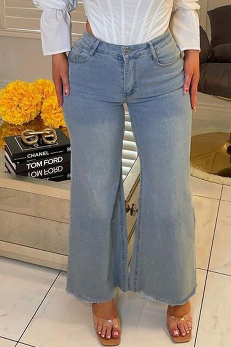 Bottoms female | Fashion High Waist Solid Color Wide Leg Jeans