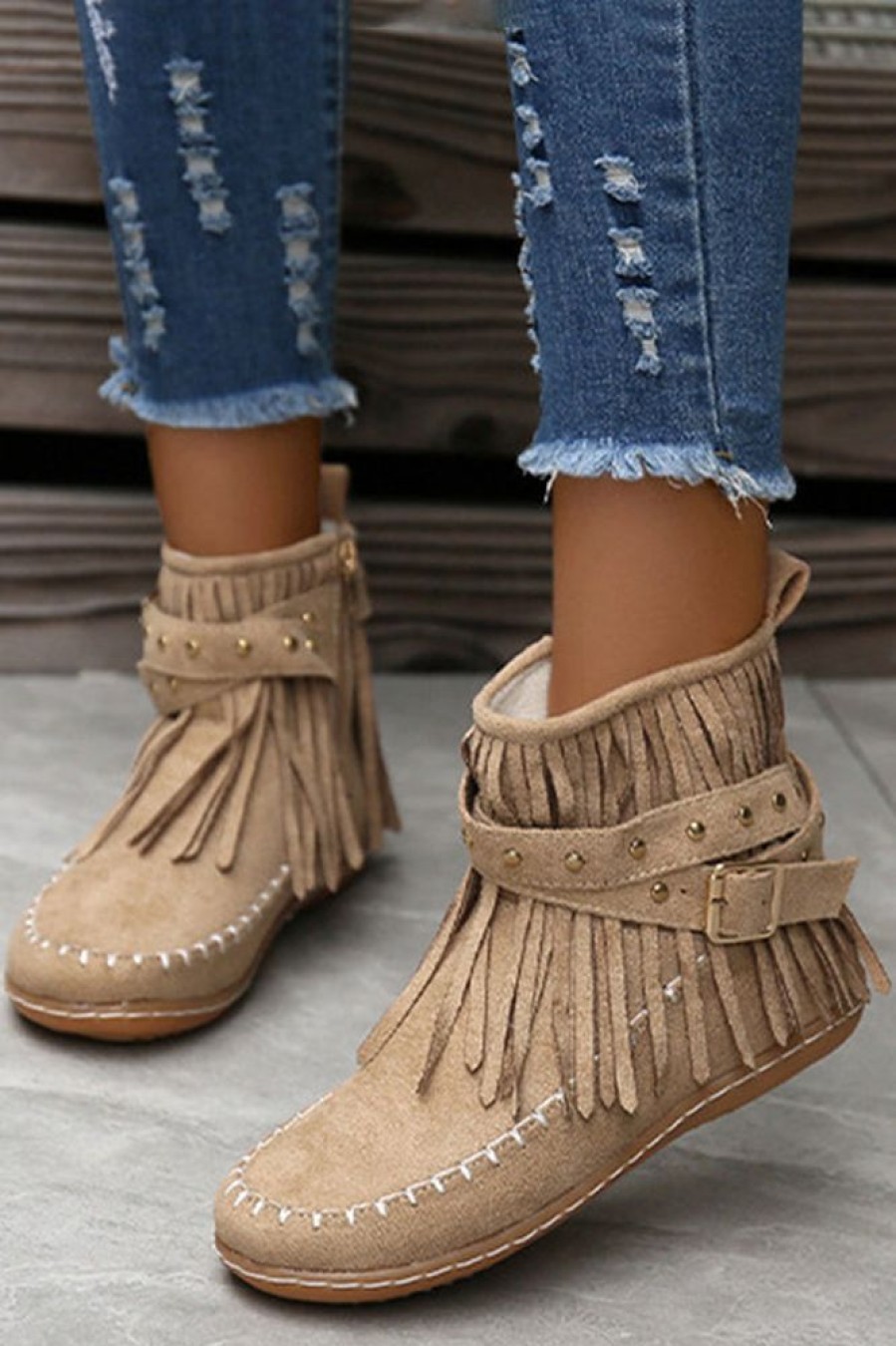 Accessories female | Casual Warm Solid Color Side Zipper Low-Cut Tassel Flat Ankle Boots