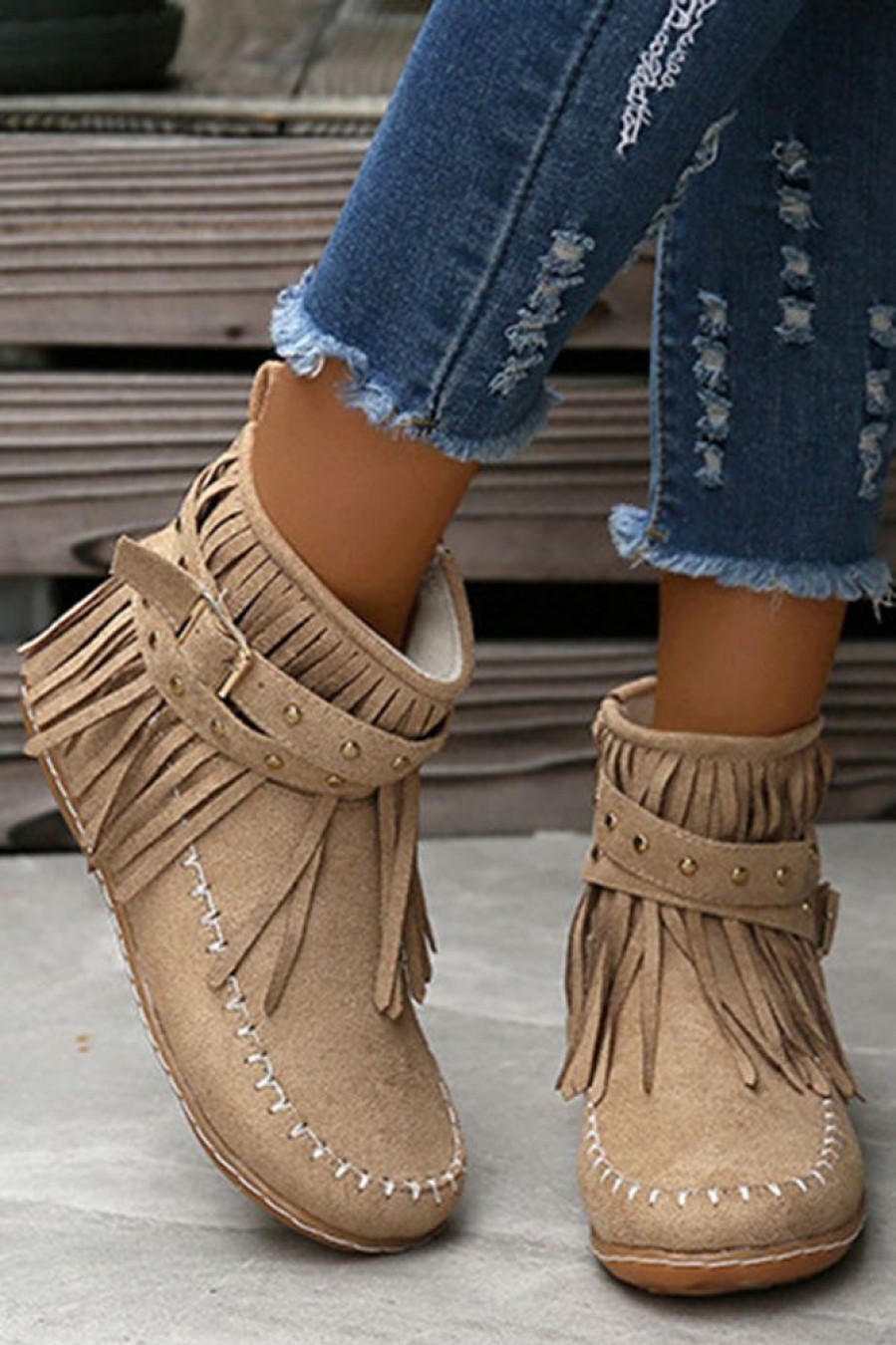 Accessories female | Casual Warm Solid Color Side Zipper Low-Cut Tassel Flat Ankle Boots