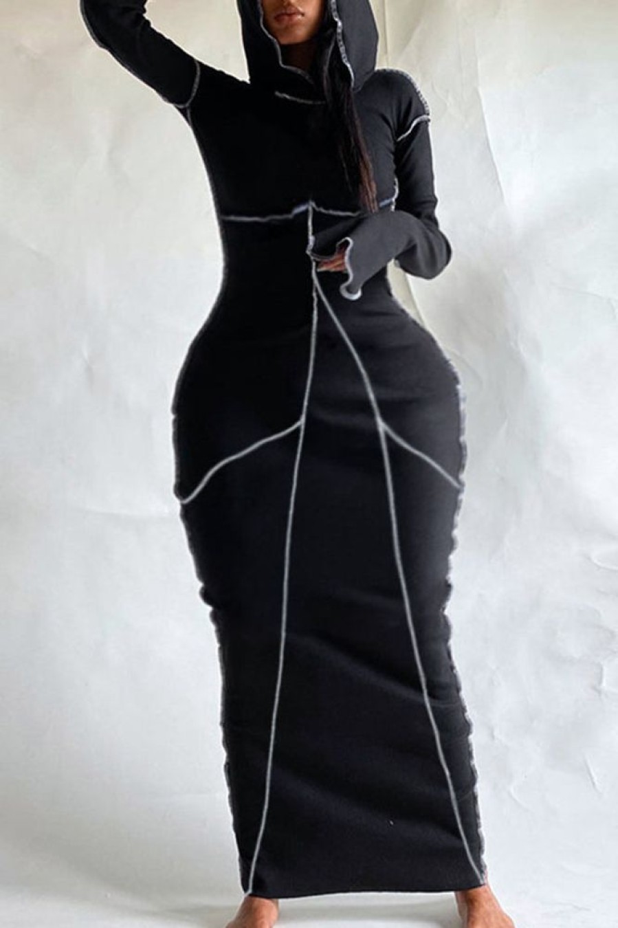 Dresses female | Personalized Contrast Color Edging Hooded Maxi Dress