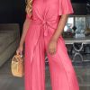 2-Pieces female | Off Shoulder Solid Color Split Loose Two Piece Pant Suits