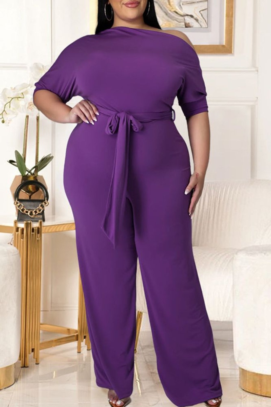 Jumpsuits & Rompers female | Solid Color Asymmetrical Diagonal Flared Jumpsuit(With Belt)