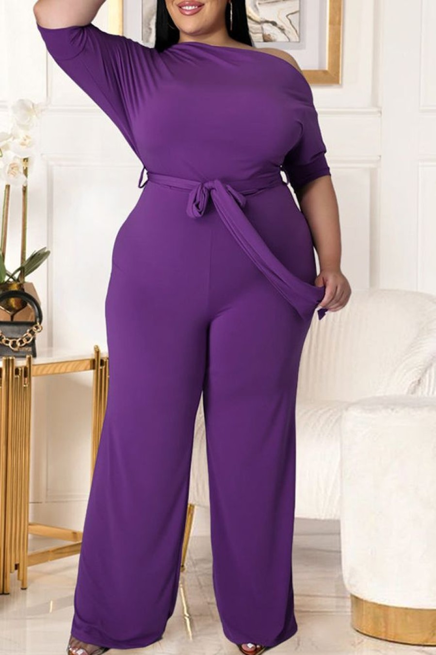 Jumpsuits & Rompers female | Solid Color Asymmetrical Diagonal Flared Jumpsuit(With Belt)