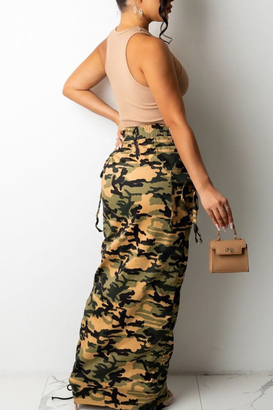 Bottoms female | F Ion Camouflage Print Drawstring Straight Cut Long Skirt