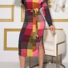 Dresses female | Temperament Slim Fit Plaid Belt Slit Midi Dress Red