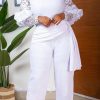 2-Pieces female | Off Shoulder Lace Sleeve Top & Ribbon Pants Plus Size Set White