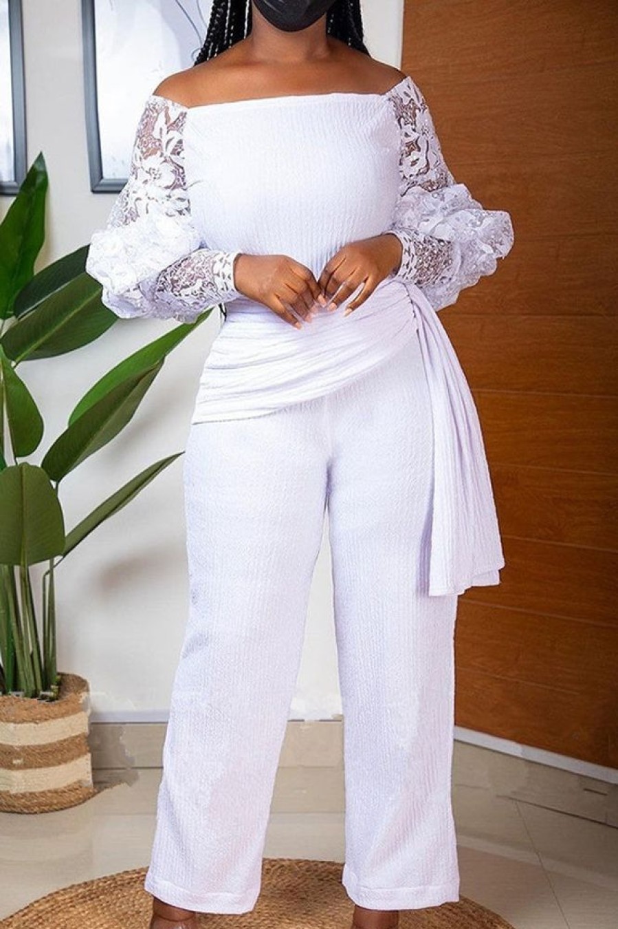 2-Pieces female | Off Shoulder Lace Sleeve Top & Ribbon Pants Plus Size Set White