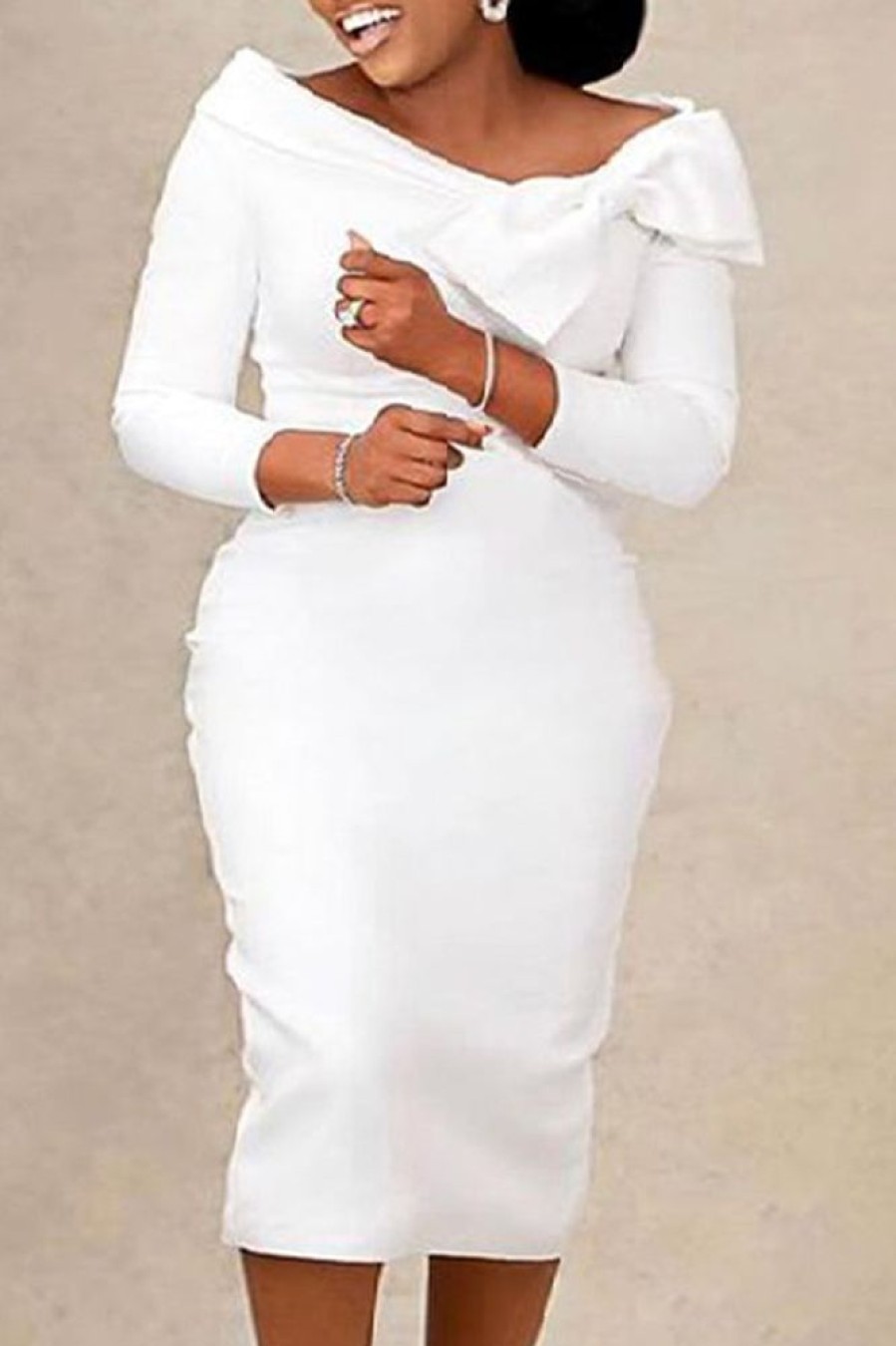 Dresses female | Temperament Solid Color Oblique Collar Bow Midi Dress White