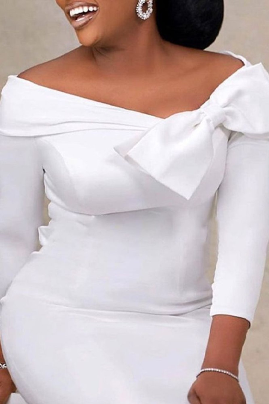 Dresses female | Temperament Solid Color Oblique Collar Bow Midi Dress White